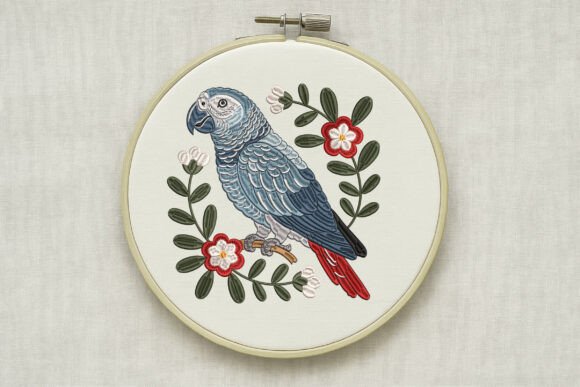 African Grey Parrot Flower Embroidery