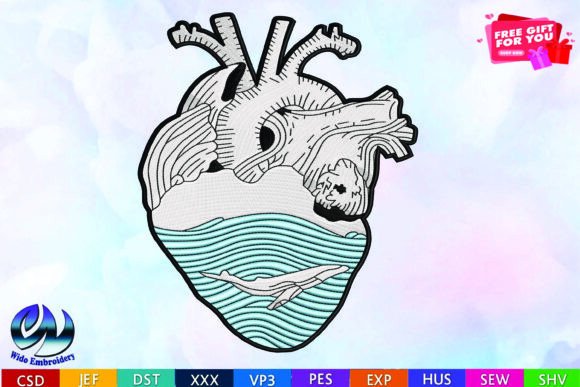 Ocean Heart Anatomy Embroidery Design, 10 Formats