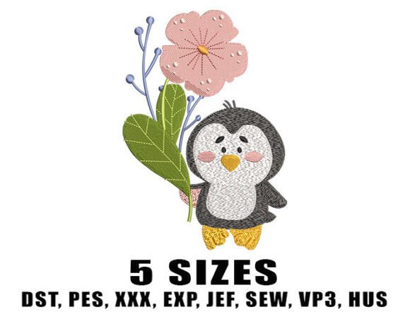 Penguin with Flower Embroidery Design